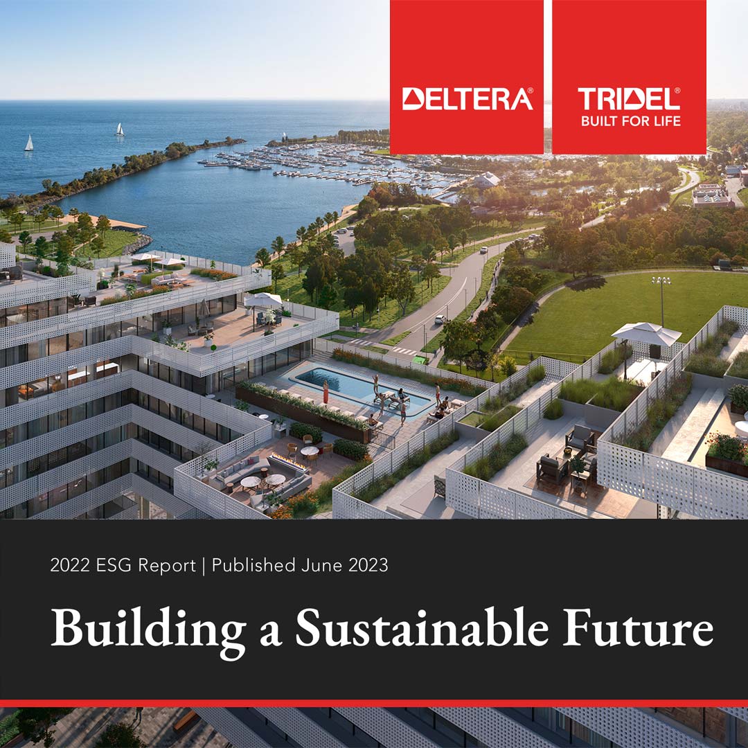 ESG Report Cover with Harbourwalk at Lakeview Village in the background