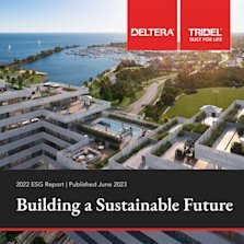 ESG Report Cover with Harbourwalk at Lakeview Village in the background