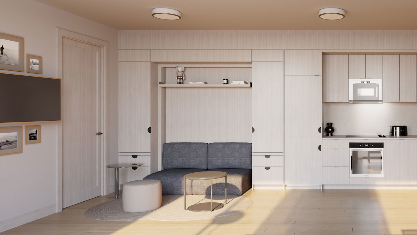 Queen Church Ready S1 Studio living room and kitchen