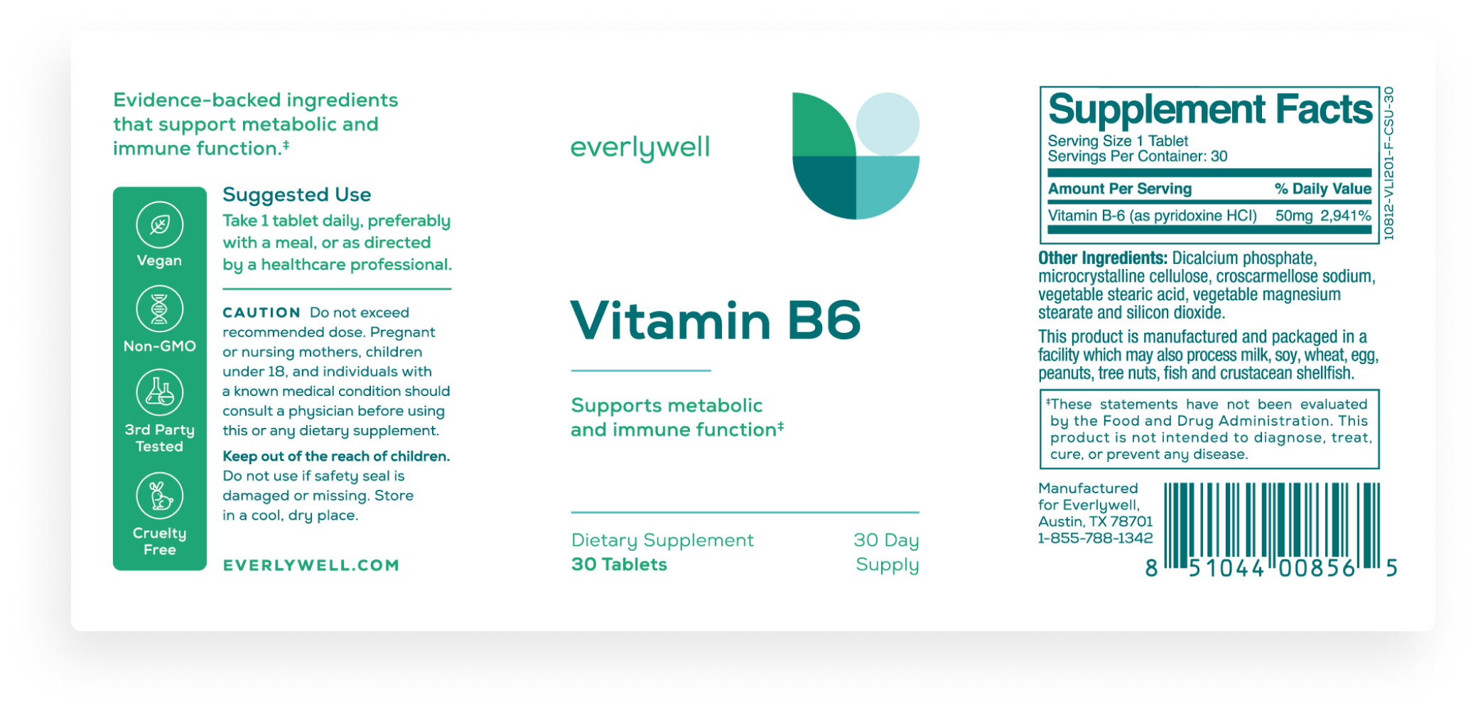 Supplement Label for Vitamin B6 Tablets