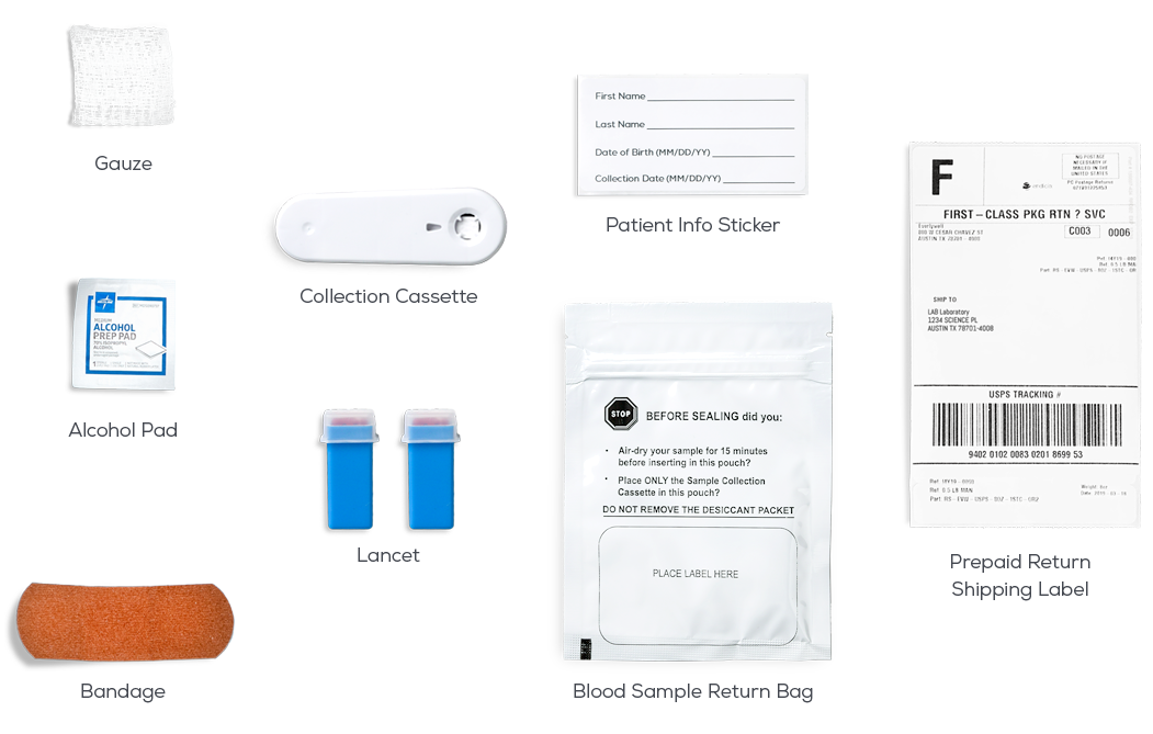 Materials inside the Cholesterol Test kit laid out