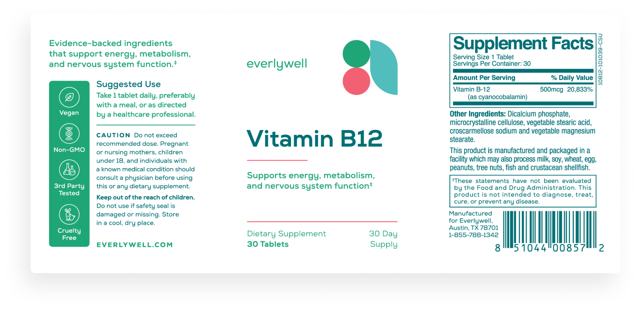 Supplement Label for Vitamin B12 Tablets