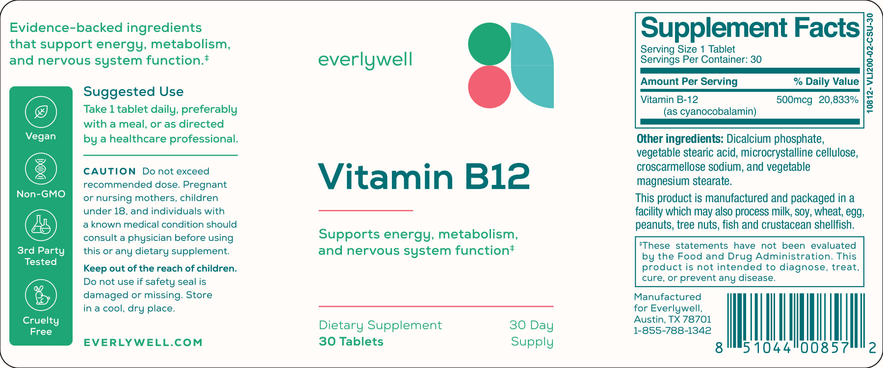 Supplement Label for Vitamin B12 Tablets