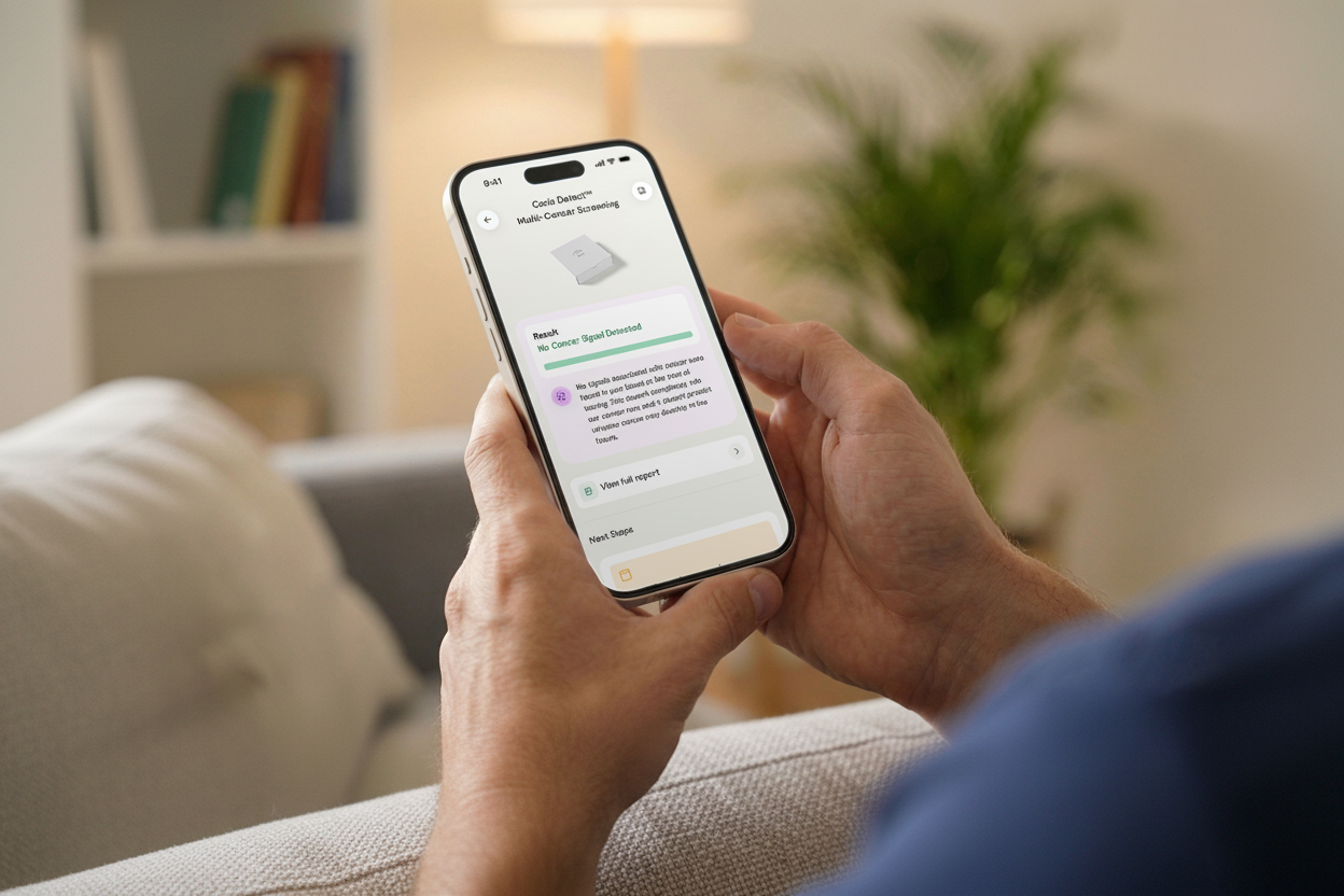 Person reviewing a Caris Detect result of No Cancer Signal Detected on a phone