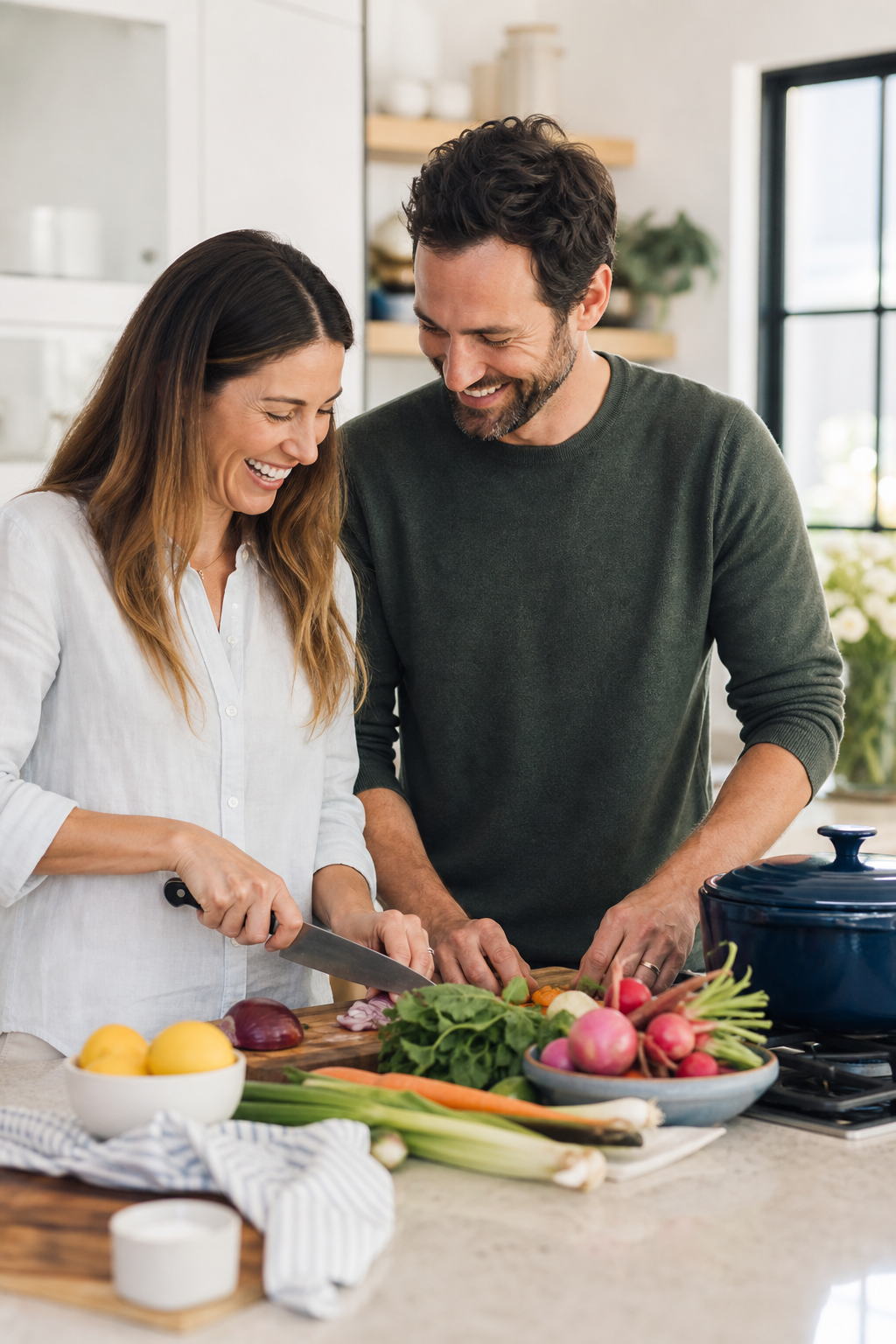 A couple cooking fresh vegetables together at home