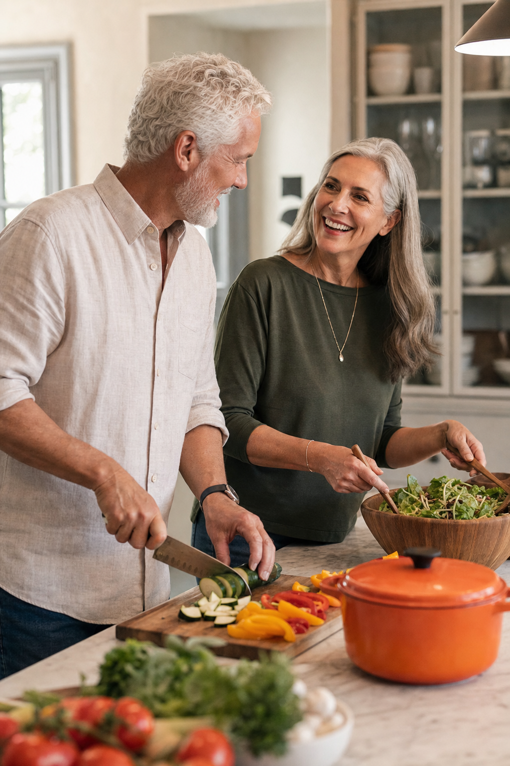 A couple cooking a heart-healthy dinner together at home
