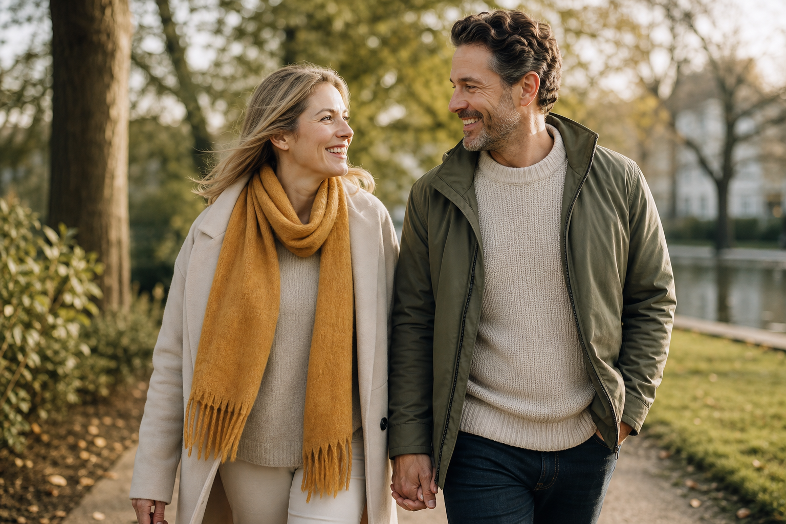 A couple on a brisk morning walk in a park