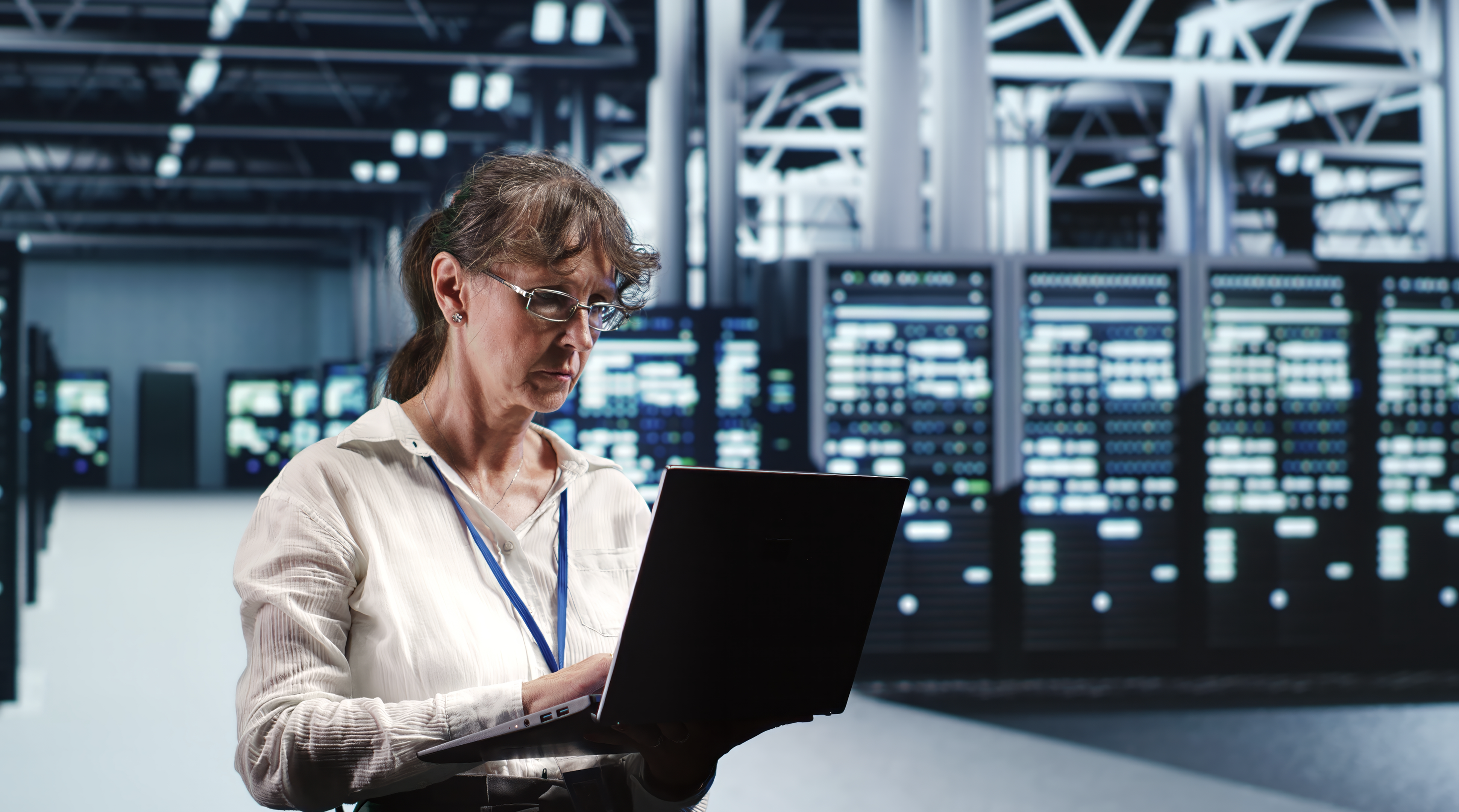 Experienced manager looking around innovative supercomputer headquarters, preparing to start comission on malfunctioning high tech electronics rigs in order to ensure faultless operations