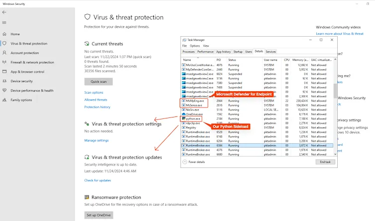 By bringing our own Python package, we were able to execute the sideload without any alerts from Microsoft Defender for Endpoint, a fully updated version with real-time protection, cloud-delivered protection, automatic sample submission, and no system exclusions.