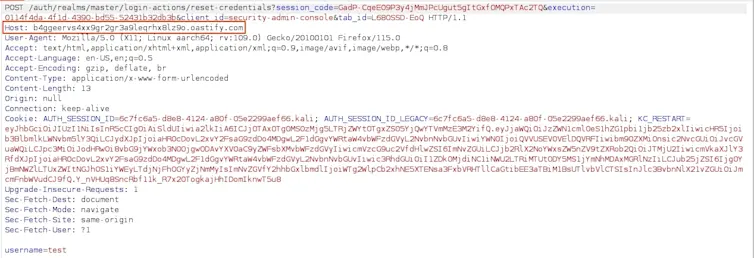 A password reset request is performed and the Host header is modified to a Burp Collaborator address.