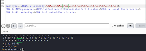 Knowing this, I wanted to see if I could smuggle the values of `0x0d`, `0x0a` into the `/nvdata/nvram/local.cfg` file and add an unsanitized record into `hostname`. However the application successfully prevented the characters sequence `0x0d,0x0a` from being placed into application.  

When an invalid URL encoded value, in this instance `%bz` is provided by the application, it will end up appending `0` and the first hexadecimal character `[A-F0-9]`.  

