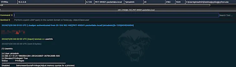 The sideload can connect back to an attacker-controlled command and control server, and from this vantage point, the threat group can continue to load their tradecraft to enumerate, exploit, and deepen their access with this trivial sideload.