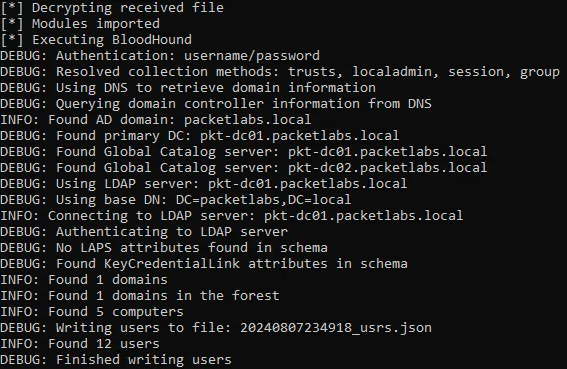 Since on-the-fly encryption and the decoding and decryption of its Python modules allow one to avoid creating uncommon process relationships and allow the Python binary to appear like legitimate usage, this results in a successful Bloodhound run on a workstation configured with Microsoft Defender for Endpoint.