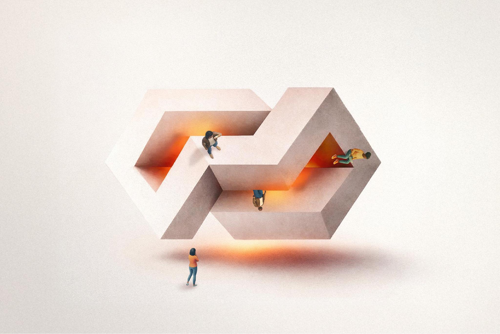 Small figures securing interlocking concrete chains with a central orange glow, symbolizing a unified security posture.