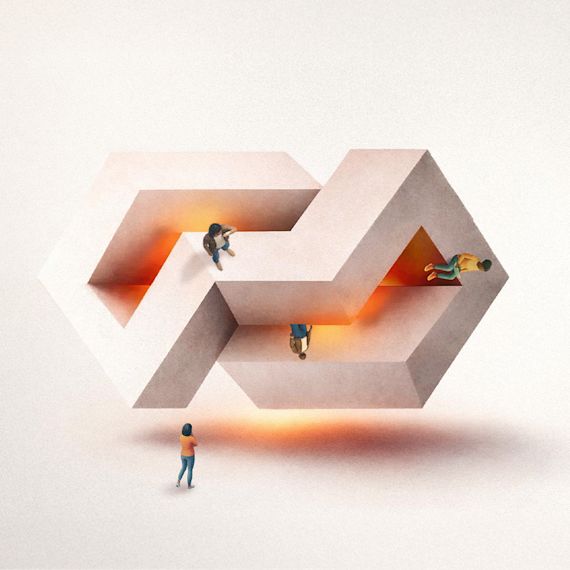 Small figures securing interlocking concrete chains with a central orange glow, symbolizing a unified security posture.