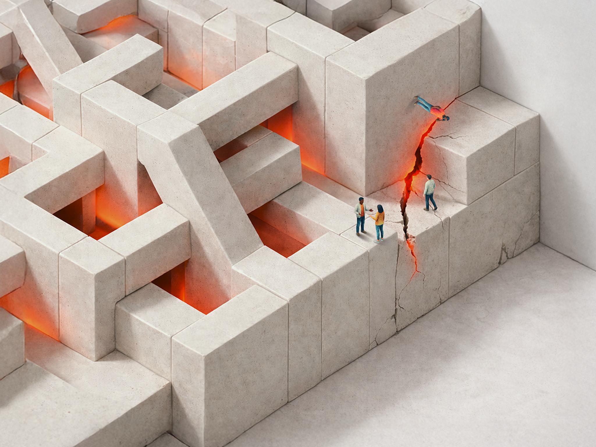 Miniature people on a symmetrical, impossible concrete structure with a central orange shared glow.
