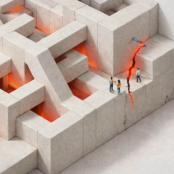 Miniature people on a symmetrical, impossible concrete structure with a central orange shared glow.