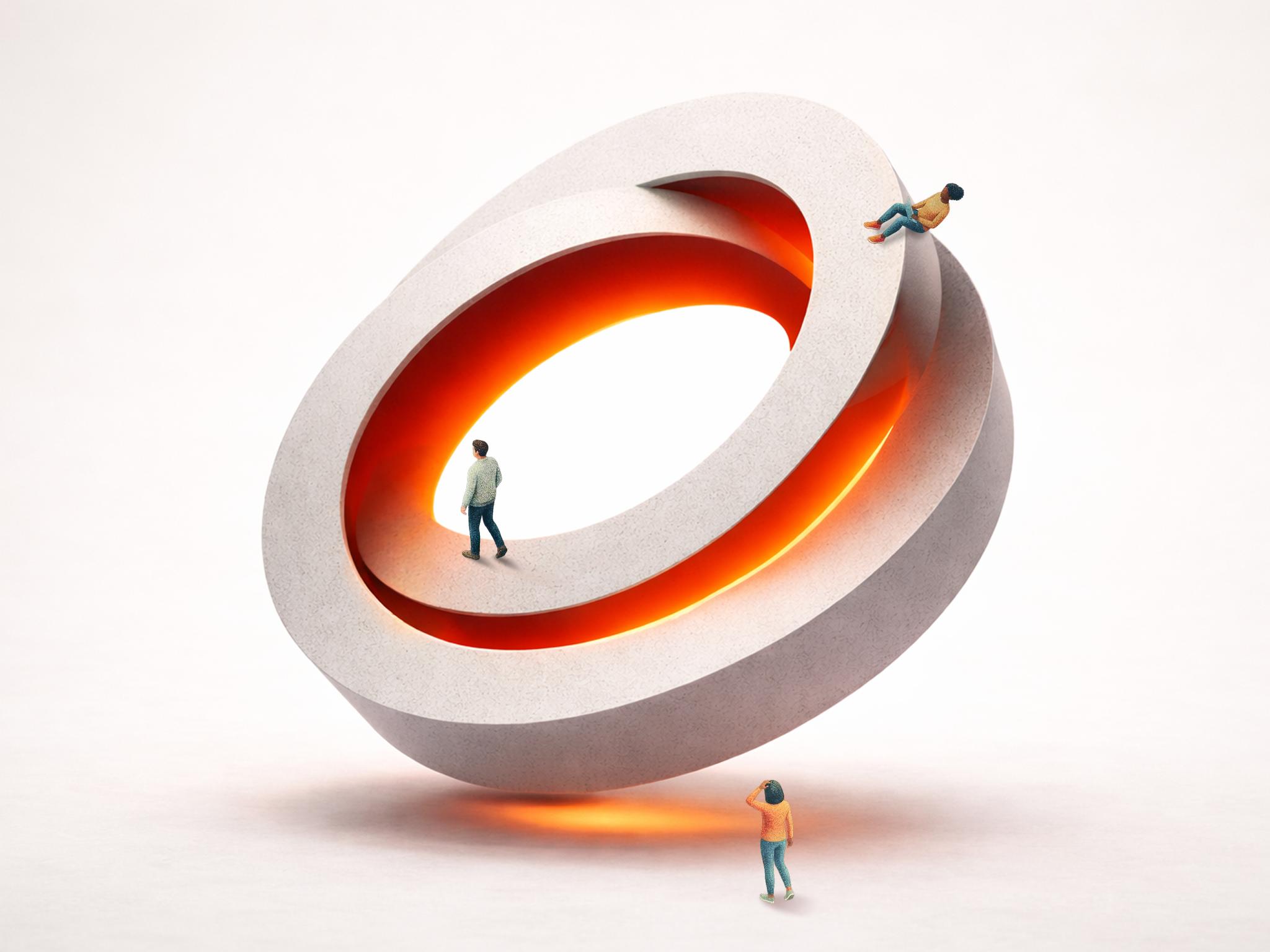 Miniature figures observing a fluid, impossible circular concrete shape with a pulsing orange internal glow.