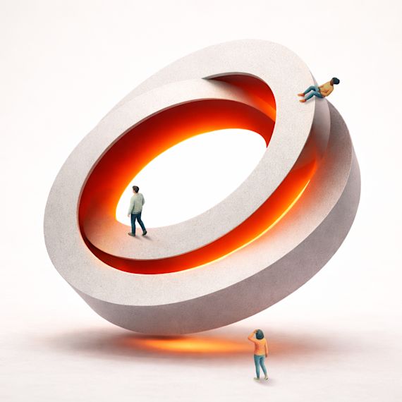 Miniature figures observing a fluid, impossible circular concrete shape with a pulsing orange internal glow.