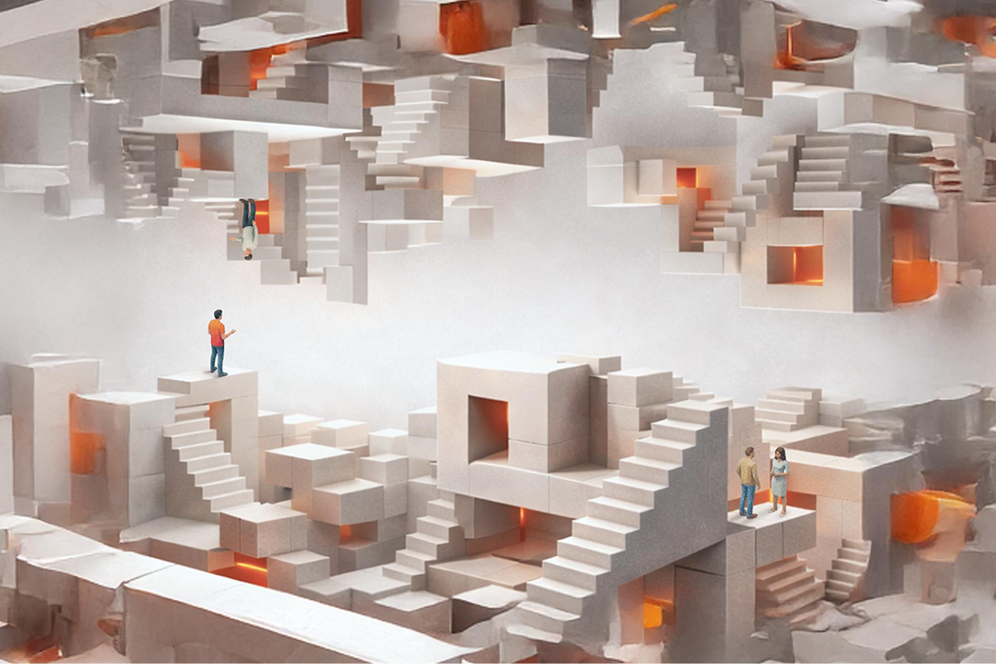Miniature figures standing on a vast, multifaceted concrete plane with glowing orange geometric fissures.