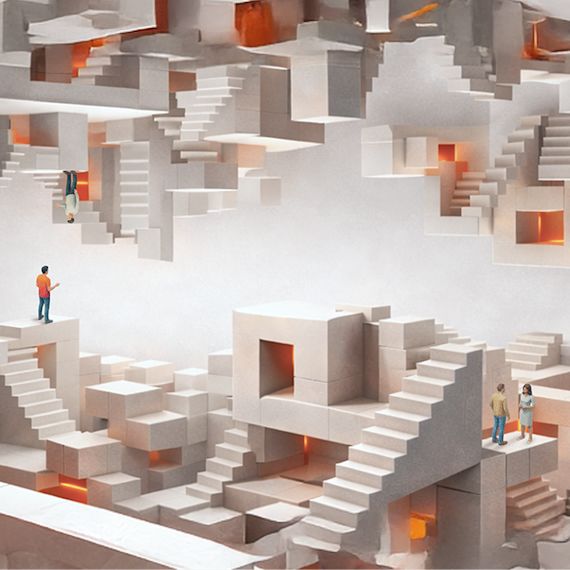 Miniature figures standing on a vast, multifaceted concrete plane with glowing orange geometric fissures.