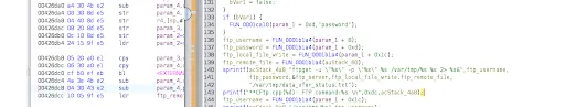 When reviewing the decompiled method, a series of parameters are eventually passed into the busybox `ftpget` binary.