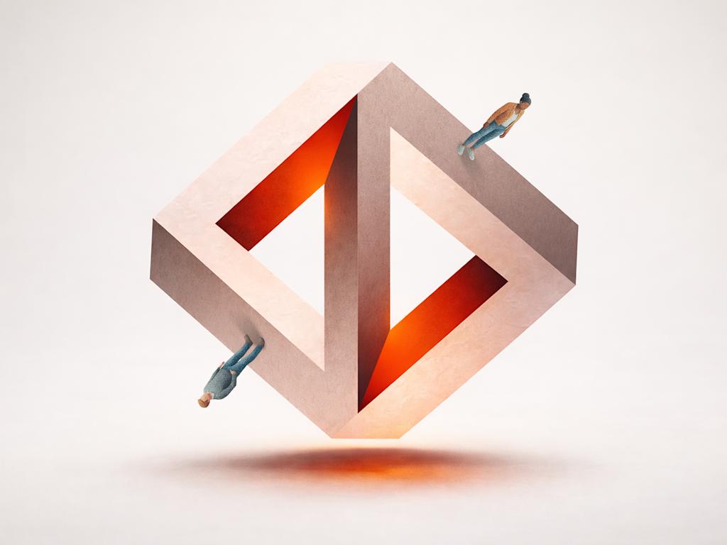 Miniature figures from two sides meeting on a symmetrical, impossible concrete structure with a central shared glow.