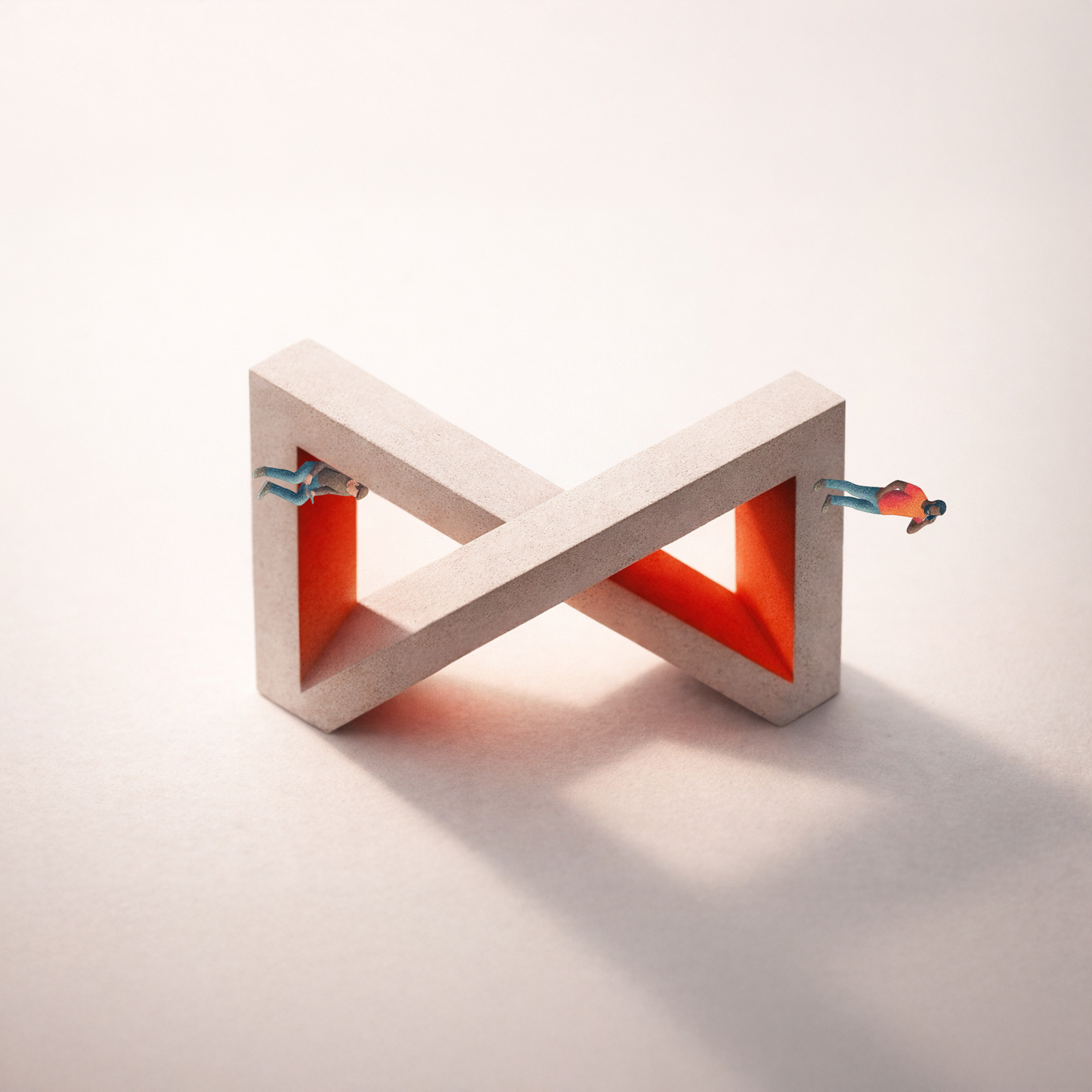 Miniature figures on an impossible concrete Penrose Triangle, based on the Packetlabs logo, with a recessed orange glow.