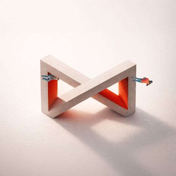 Miniature figures on an impossible concrete Penrose Triangle, based on the Packetlabs logo, with a recessed orange glow.