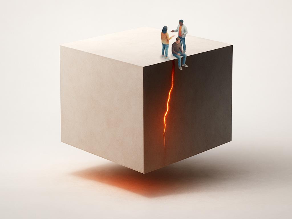 Miniature figures sitting and standing atop a floating necker cube with a single glowing orange fissure.
