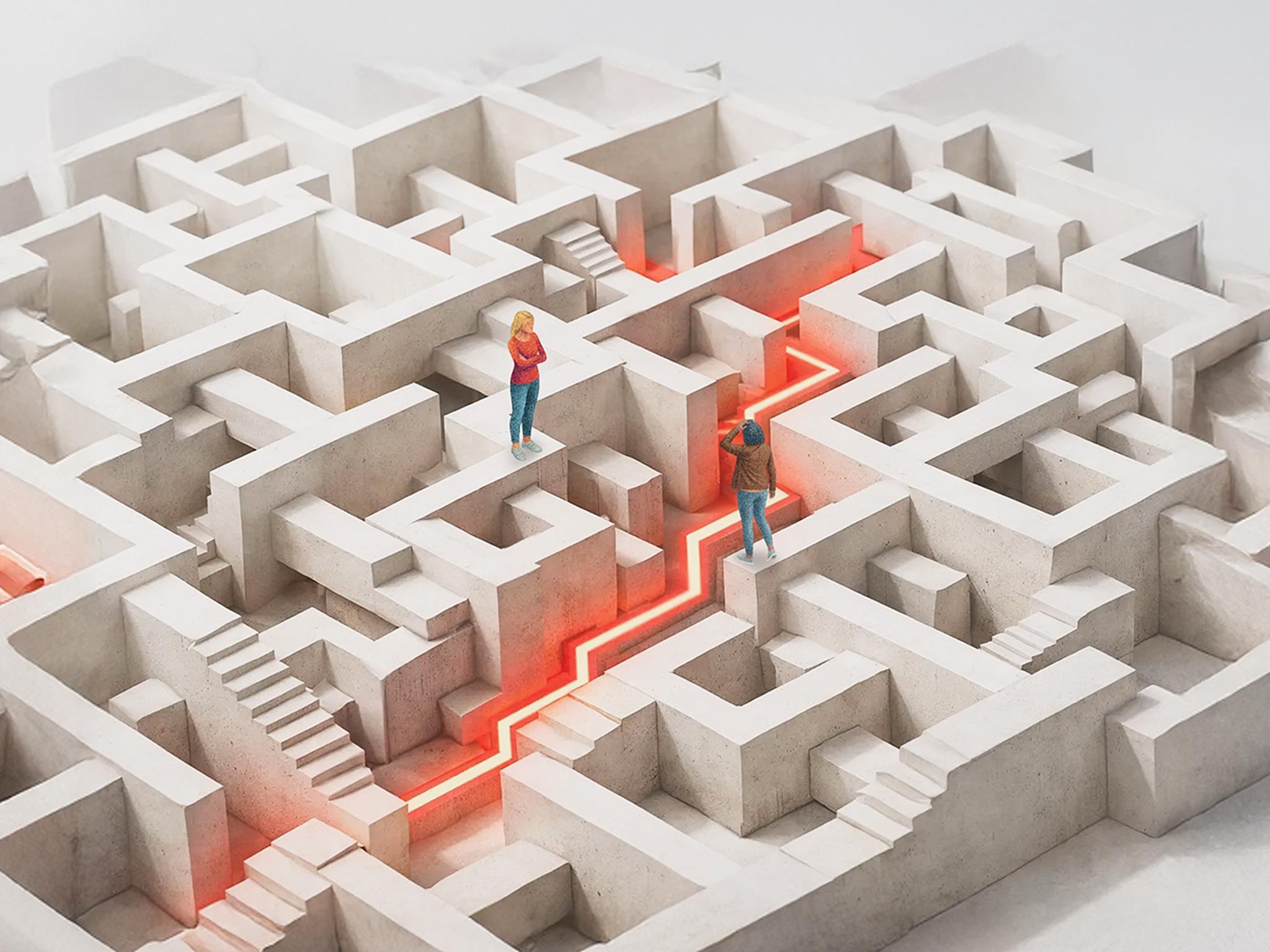 Small figures strategically moving through a sharp-edged, aggressive concrete fortress with intense orange lighting.