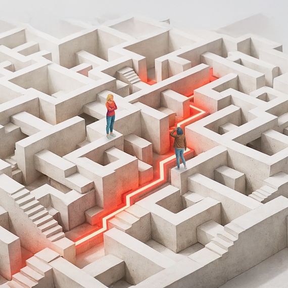 Small figures strategically moving through a sharp-edged, aggressive concrete fortress with intense orange lighting.