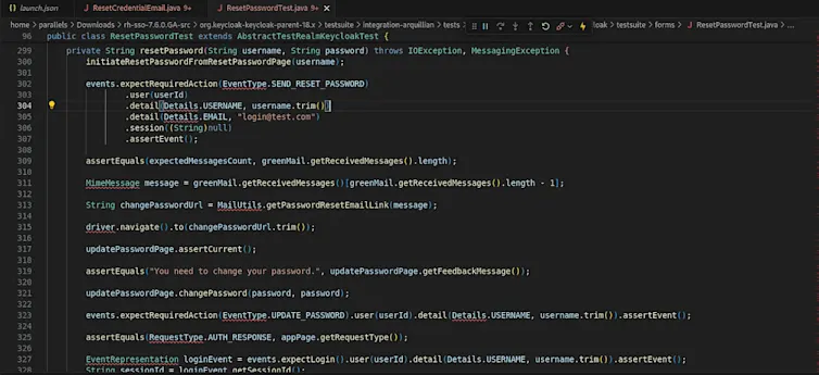 We find references to the string in several classes, but PasswordResetTest seems like a good starting point. When reviewing the code, we notice an event called SEND_RESET_PASSWORD.
