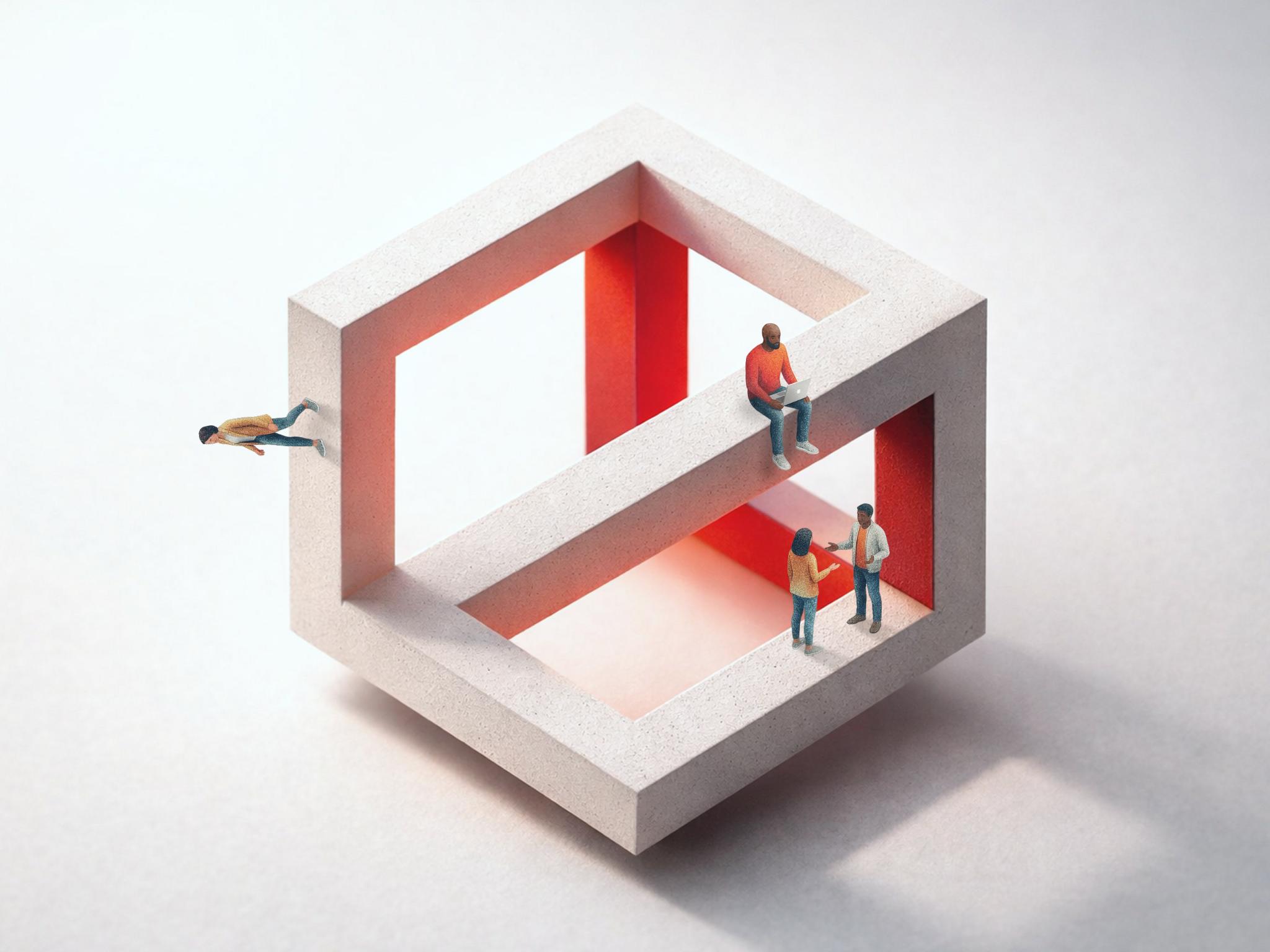 Miniature people standing next to a concrete Penrose triangle symbolizing complex digital infrastructure.