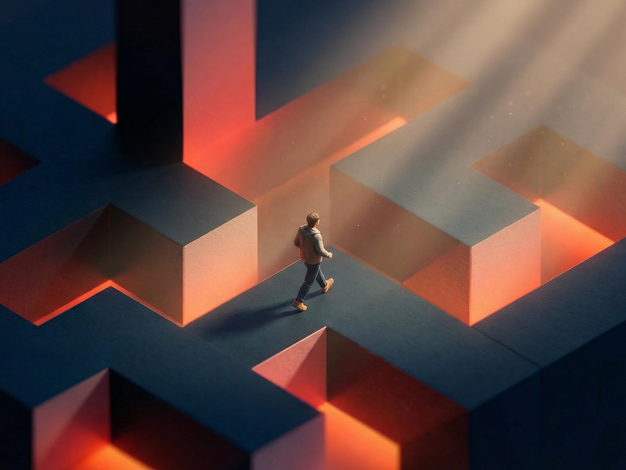 Small figure with orange light sources exploring the deep, shadowy recesses of an impossible geometric concrete void.