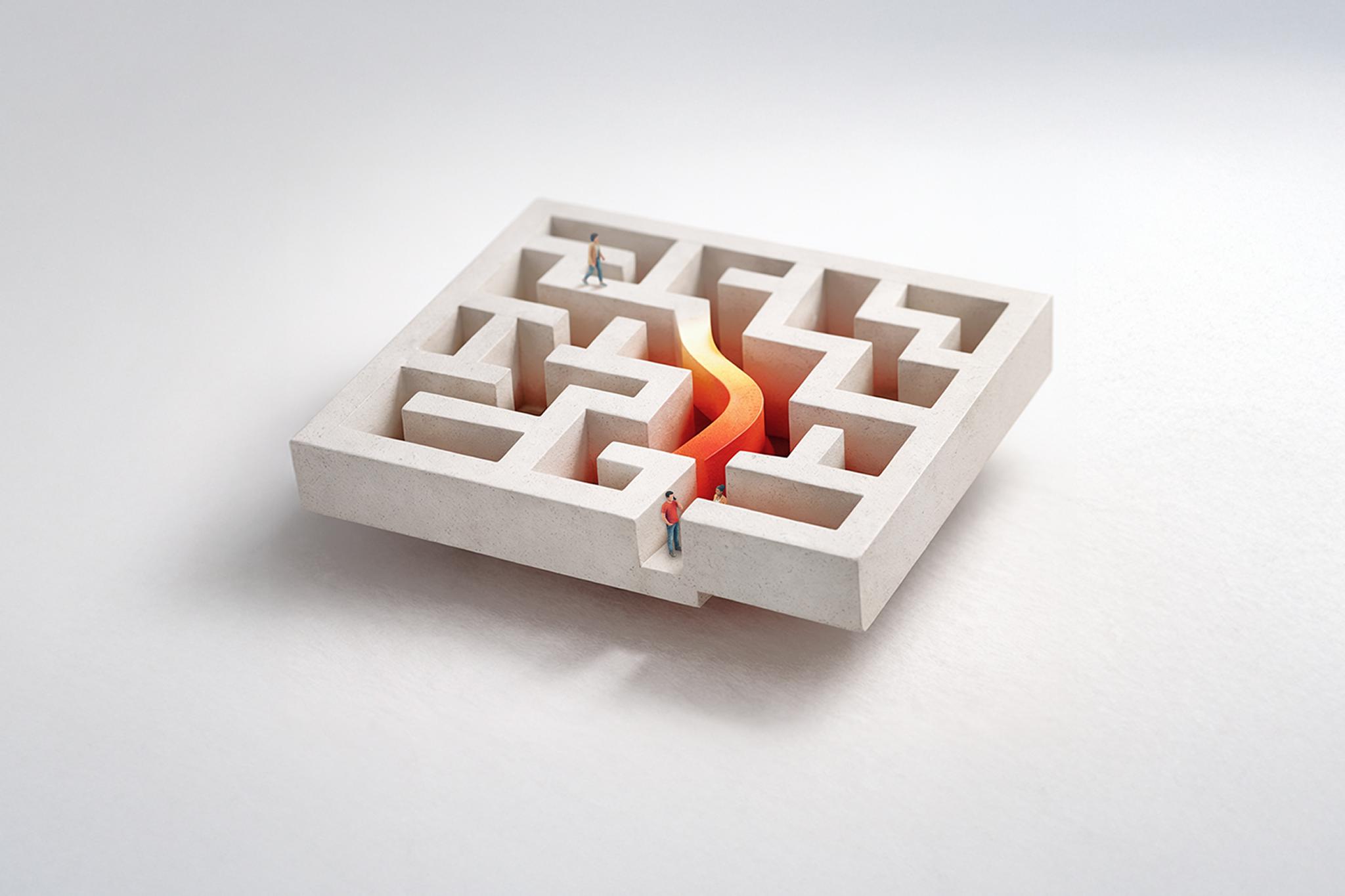 Miniature people navigating a Penrose-style triangle made of interlocking concrete cubes with glowing orange cores.