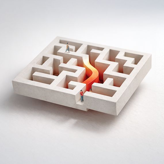 Miniature people navigating a Penrose-style triangle made of interlocking concrete cubes with glowing orange cores.