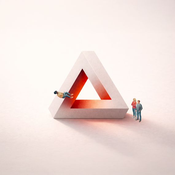 Miniature figures observing a large, impossible concrete Penrose triangle with a glowing orange interior.