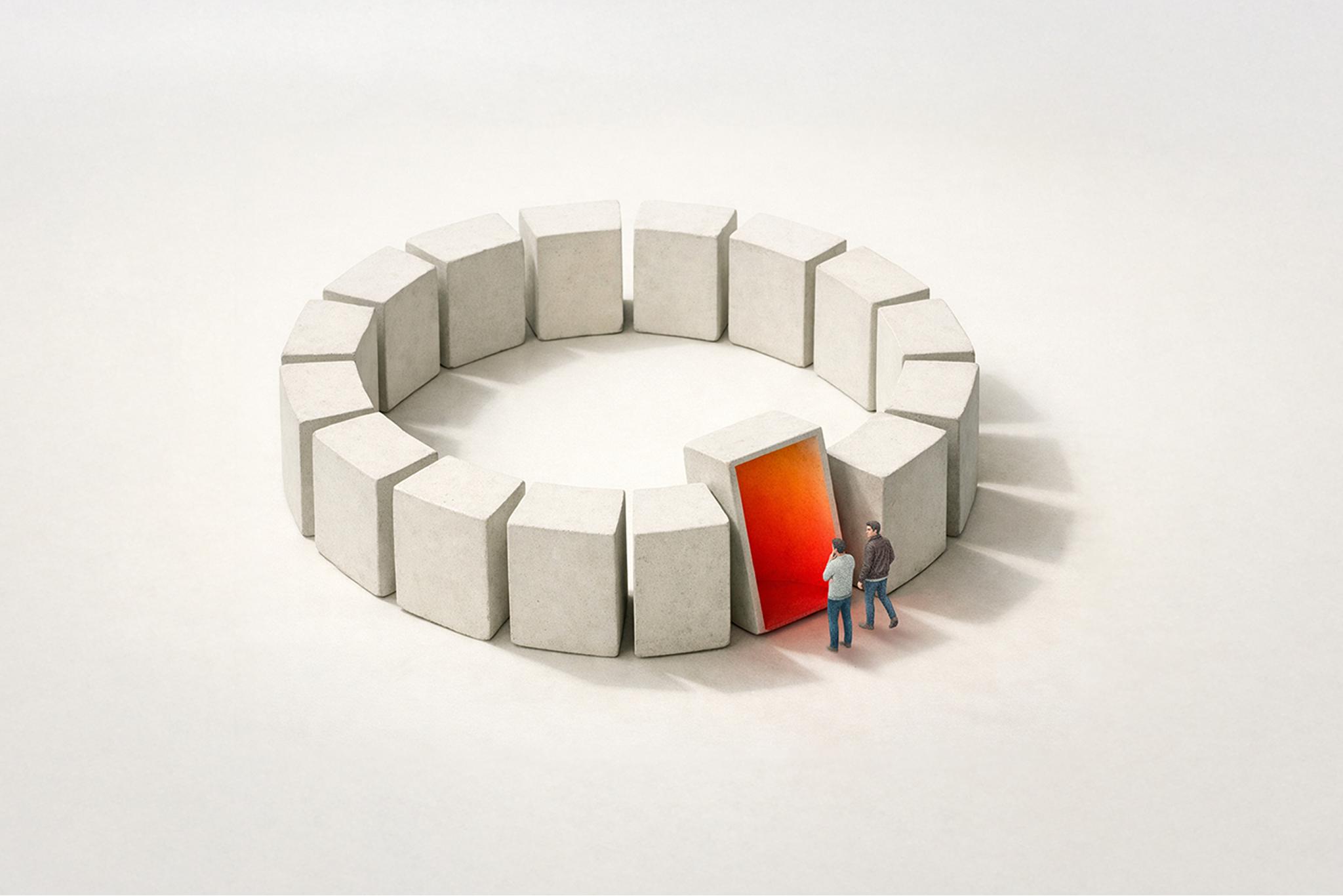 Miniature figures inspecting a circular arrangement of concrete blocks with a single glowing orange portal.