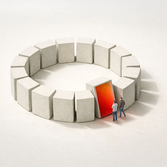 Miniature figures inspecting a circular arrangement of concrete blocks with a single glowing orange portal.
