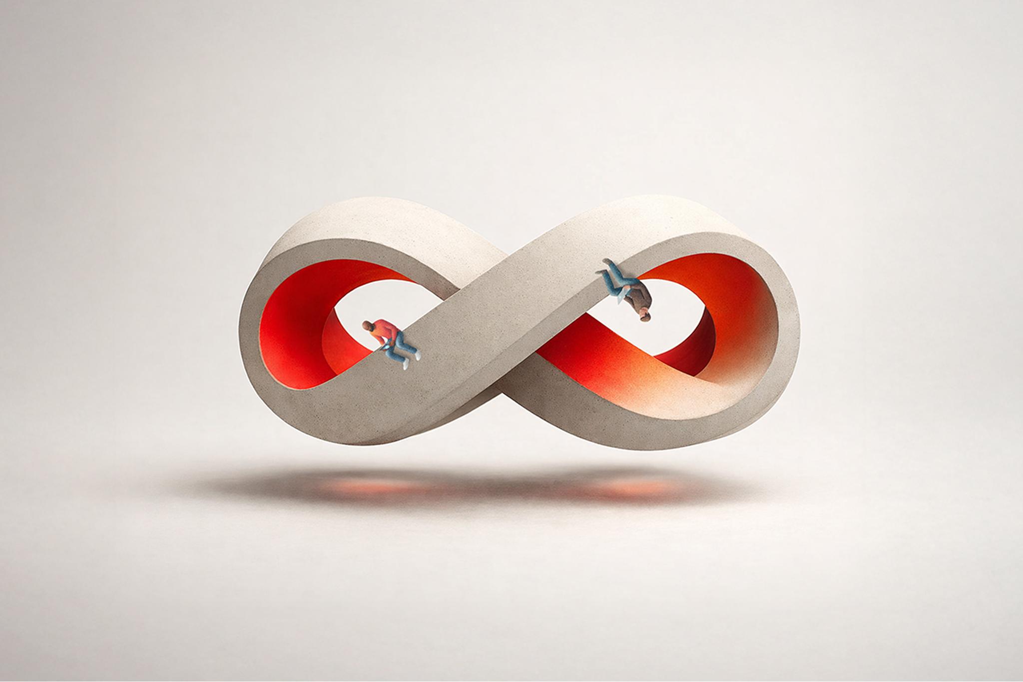 Miniature figures on an impossible concrete infinity loop with a glowing orange interior.