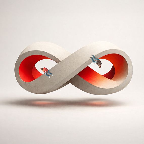 Miniature figures on an impossible concrete infinity loop with a glowing orange interior.