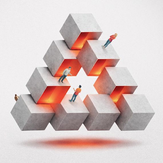 Miniature people navigating a Penrose-style triangle made of interlocking concrete cubes with glowing orange cores.