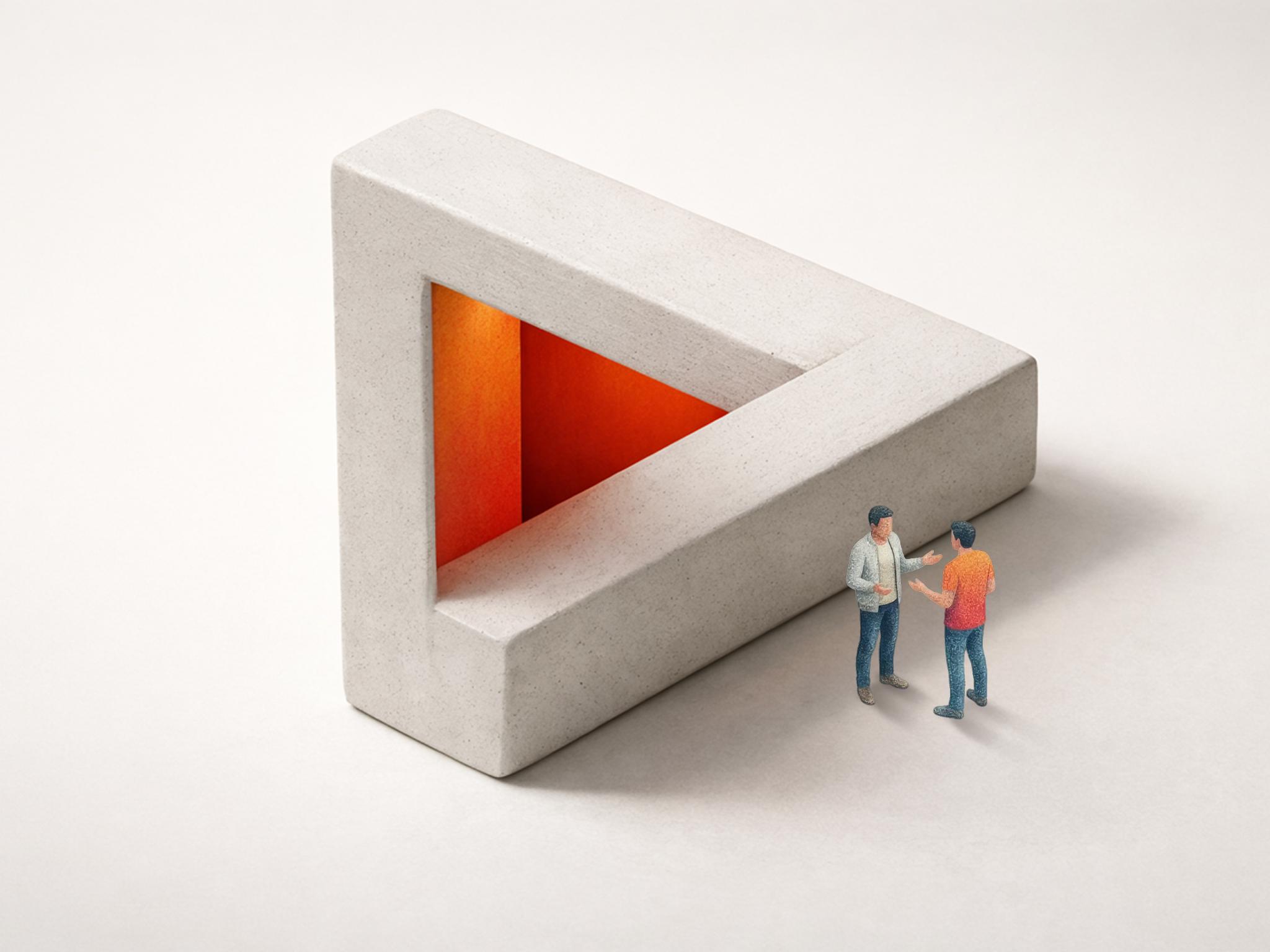 Miniature people navigating an intricate, impossible concrete environment filled with numerous staircases and glowing orange accents.
