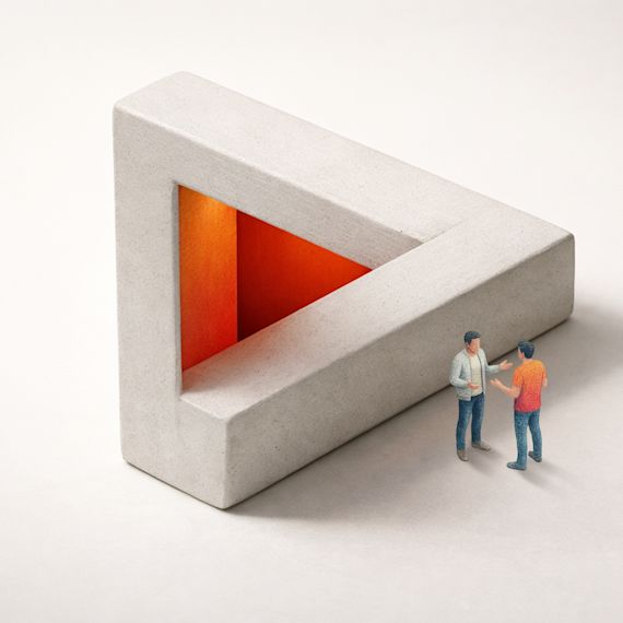 Miniature people navigating an intricate, impossible concrete environment filled with numerous staircases and glowing orange accents.