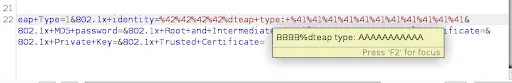 To demonstrate this, the payload `%42%42%42%42%dteap+type:+%41%41%41%41%41%41%41%41%41%41%41` would overwrite `eap type` entry within `/nvdata/nvram/local.cfg` via `802.1x identity` entry, therefore bypassing any sanitation performed on other web application calls.