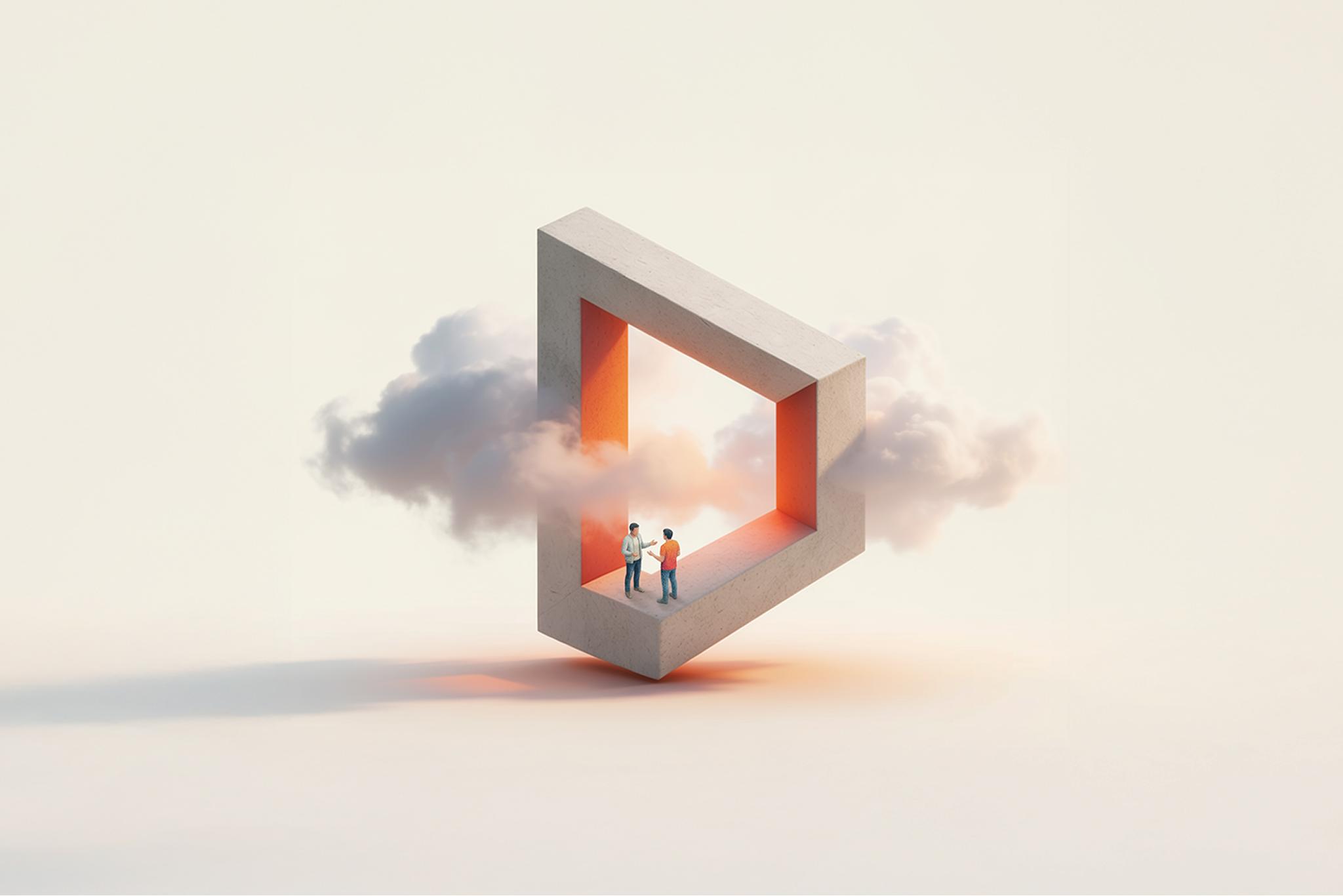 Small figures standing within an impossible concrete triangle surrounded by clouds, representing cloud environment layers.