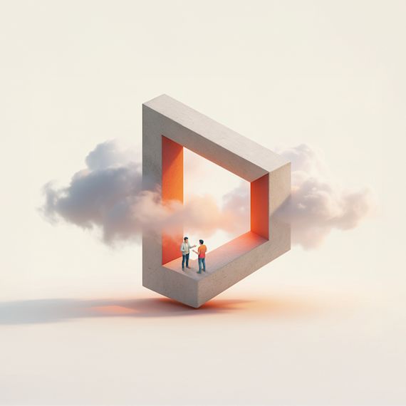 Small figures standing within an impossible concrete triangle surrounded by clouds, representing cloud environment layers.