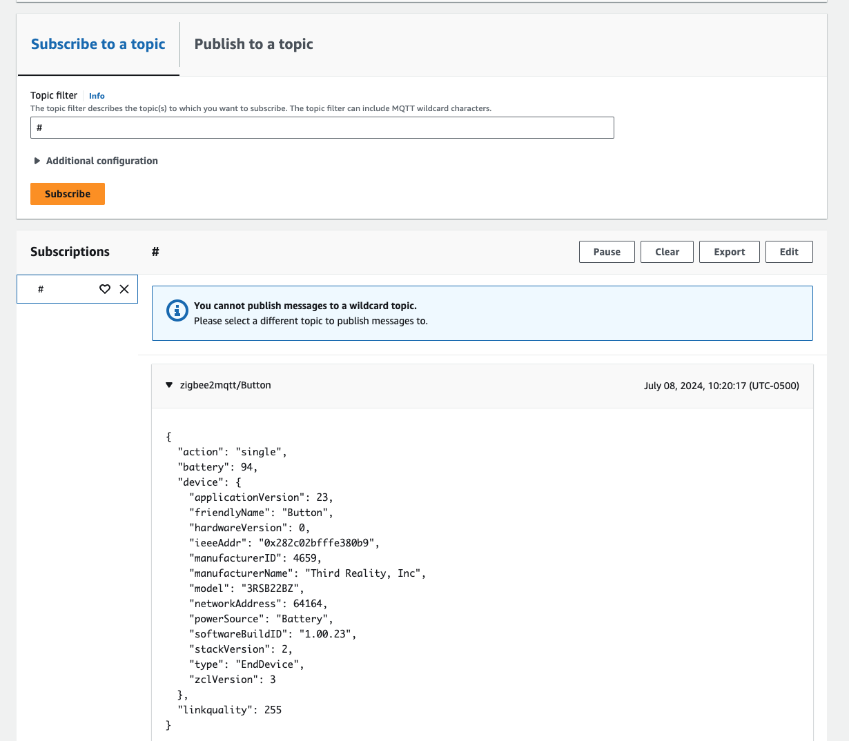 Subscription of raw mqtt topic message